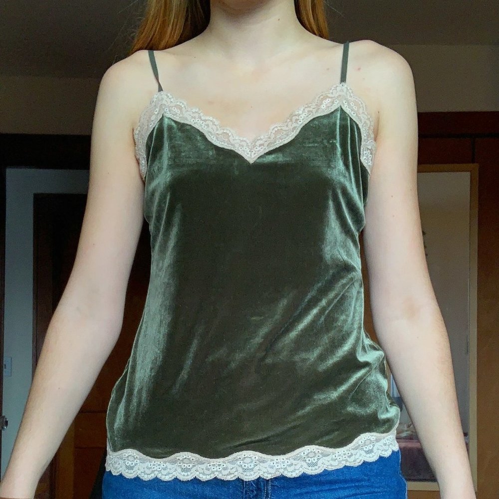 Ann Taylor Green Velvet Lace Trim Cami M